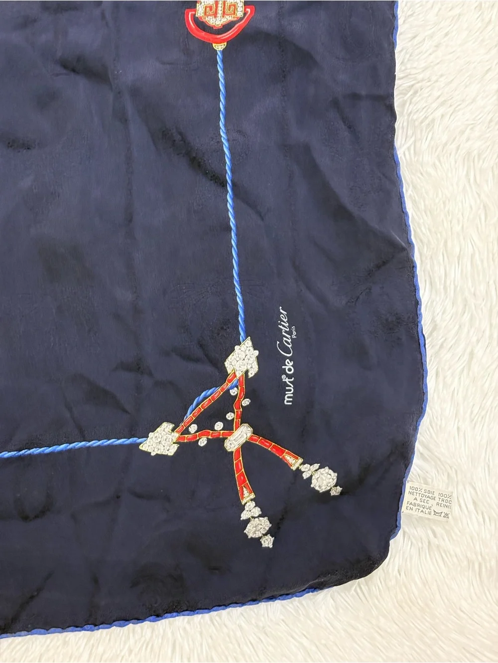 Navy Silk Scarf with Rope and Dot Print
